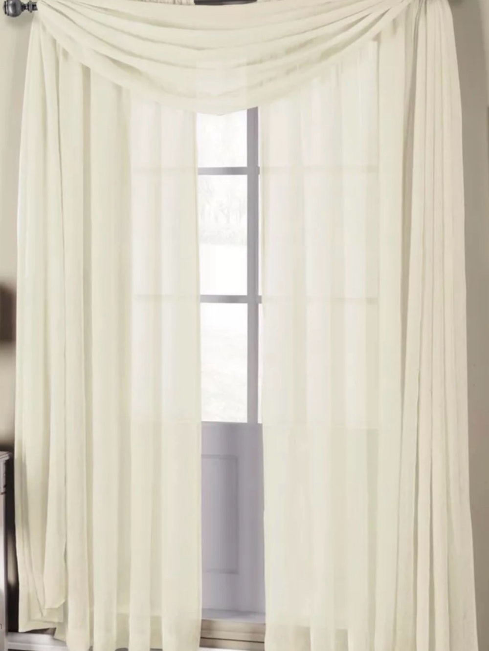 3 Pc Sheer Crush Window Beige Curtain 2 Panel and 1 Scarf  Rod Pocket - Picture 7 of 7